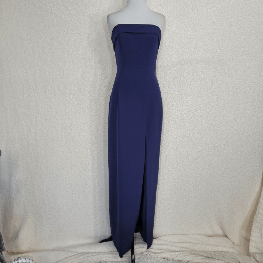 Aqua Dresses Navy Strapless Twill Sheath Full-Length Front Slit Gown Dress 4